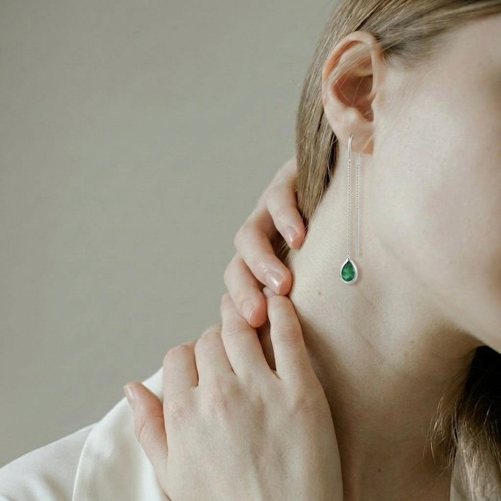 Threader earrings with pear-shaped Emeralds