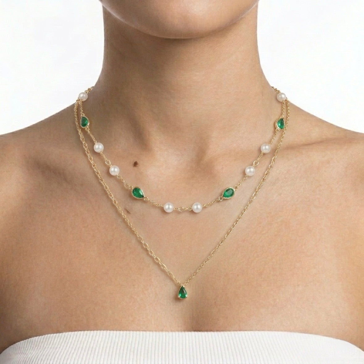 Double-Layer Emerald & Pearl Drop Necklace
