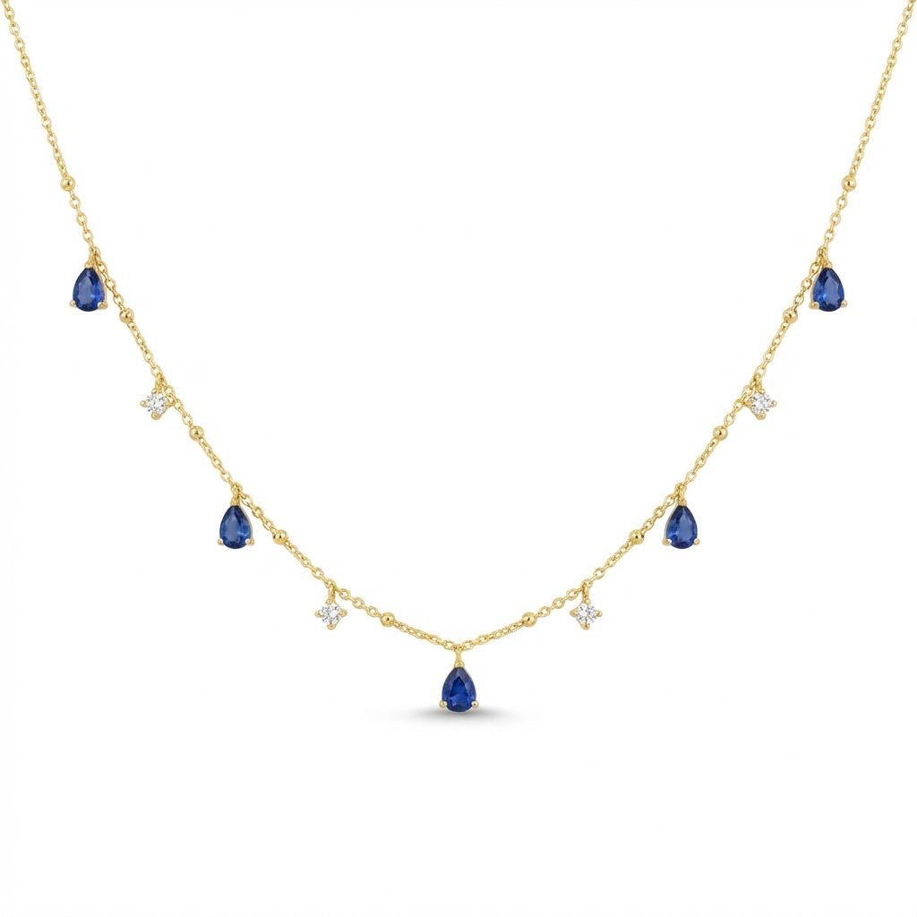 Necklace with pear shaped shapphires and round diamonds