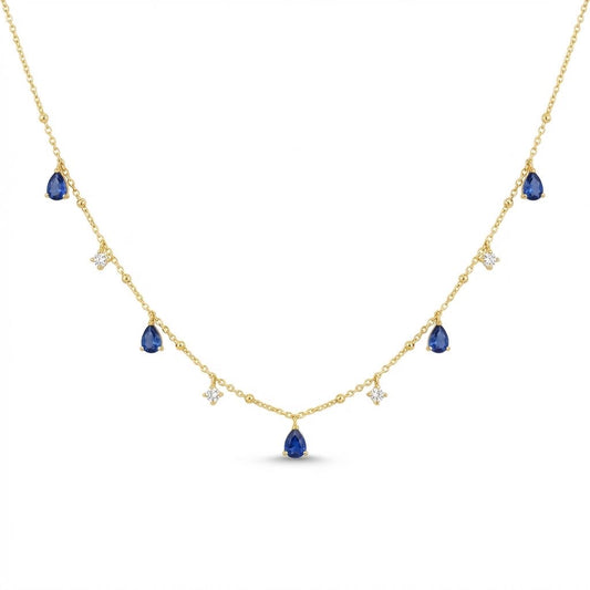 Necklace with pear shaped shapphires and round diamonds