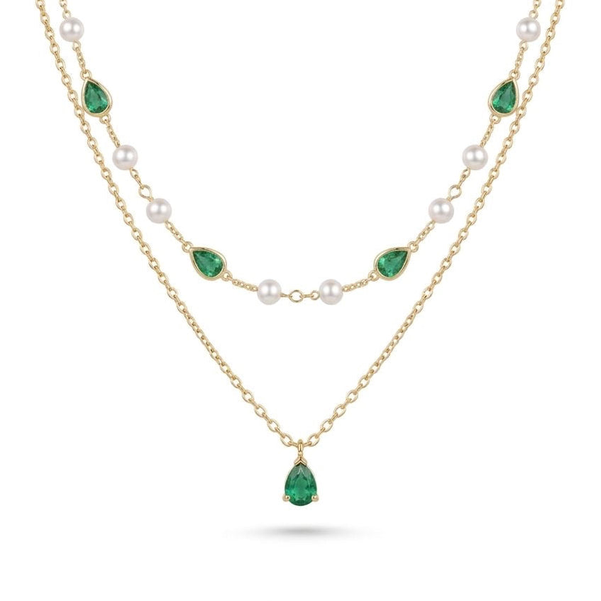 Double-Layer Emerald & Pearl Drop Necklace