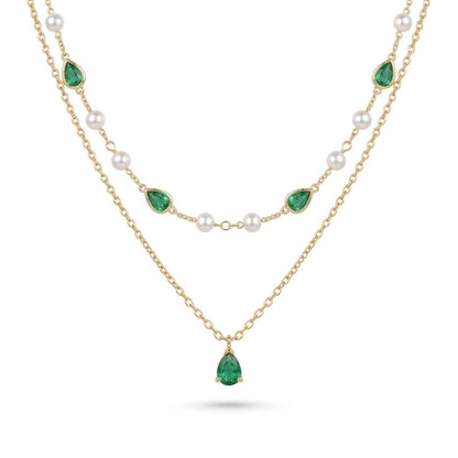Double-Layer Emerald & Pearl Drop Necklace