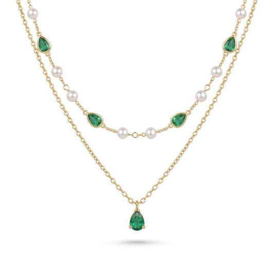 Double-Layer Emerald & Pearl Drop Necklace
