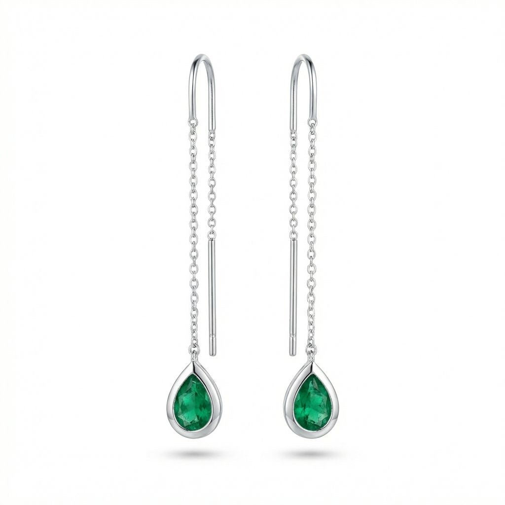 Threader earrings with pear-shaped Emeralds