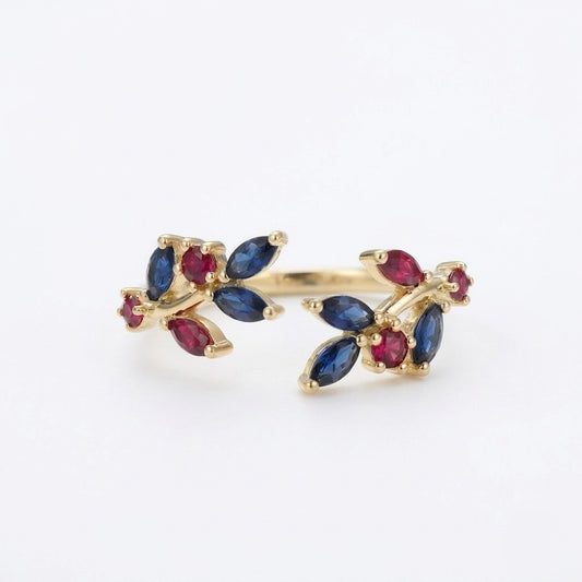 Open bloomed ring with sapphire and ruby stones