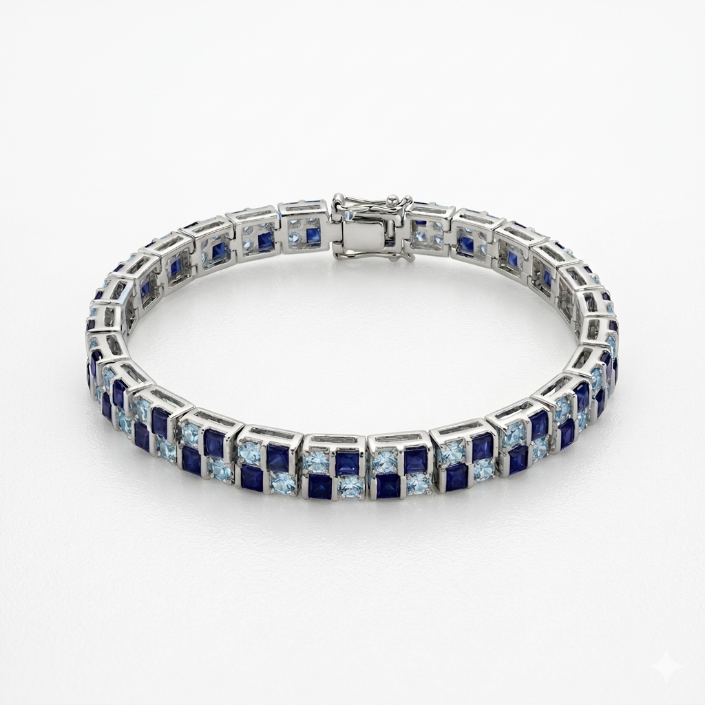 Tennis bracelet  with princess cut sapphire stones and round sapphire stones